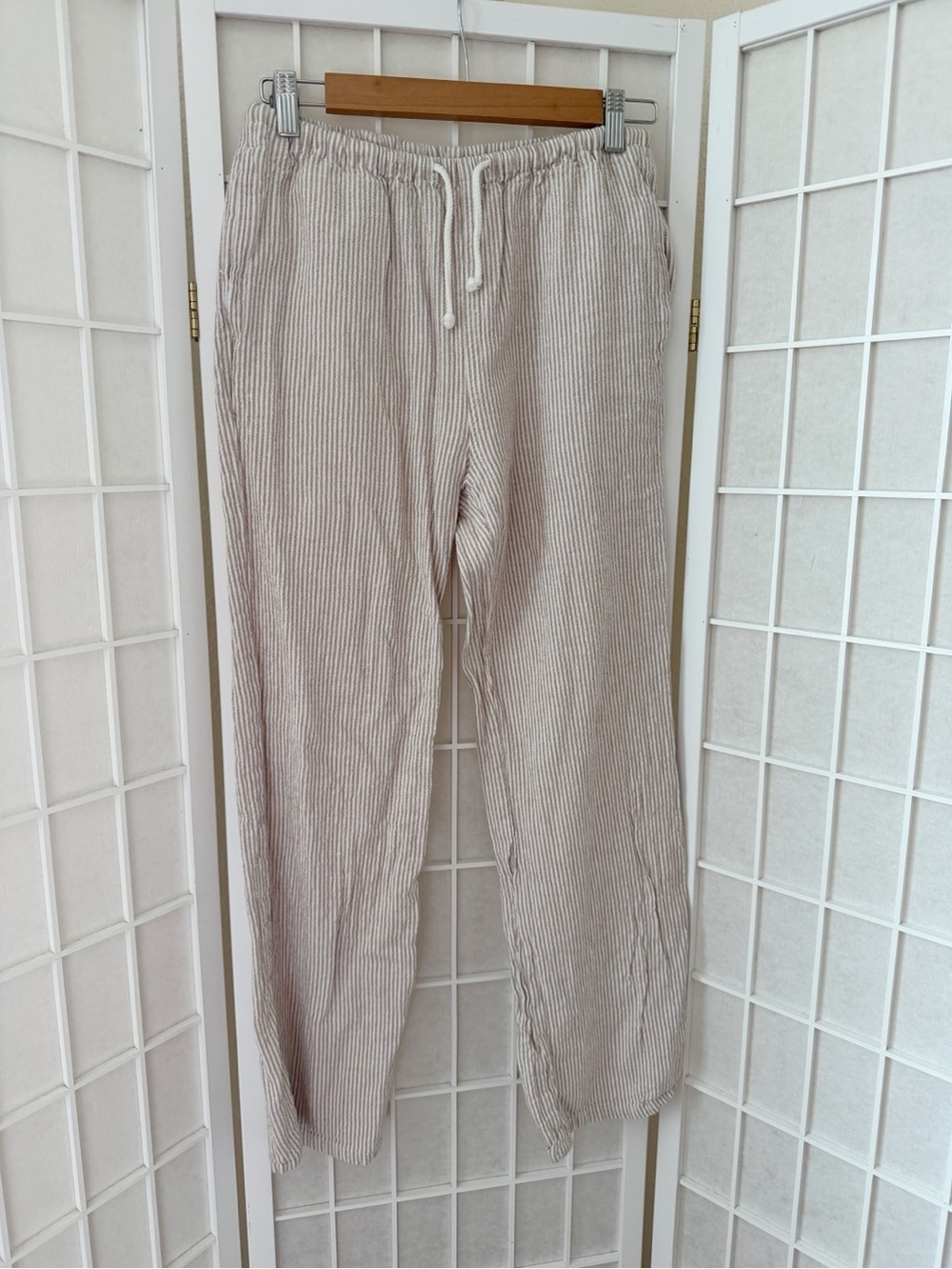 Love Tree Beige Tan White Stripe Casual Linen Blend Pants Medium